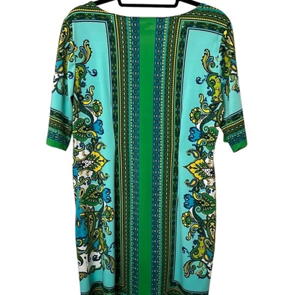 Sunny Leigh Green Turquoise Blue Floral Henna Striped Sheath Dress Medium - Picture 2 of 7